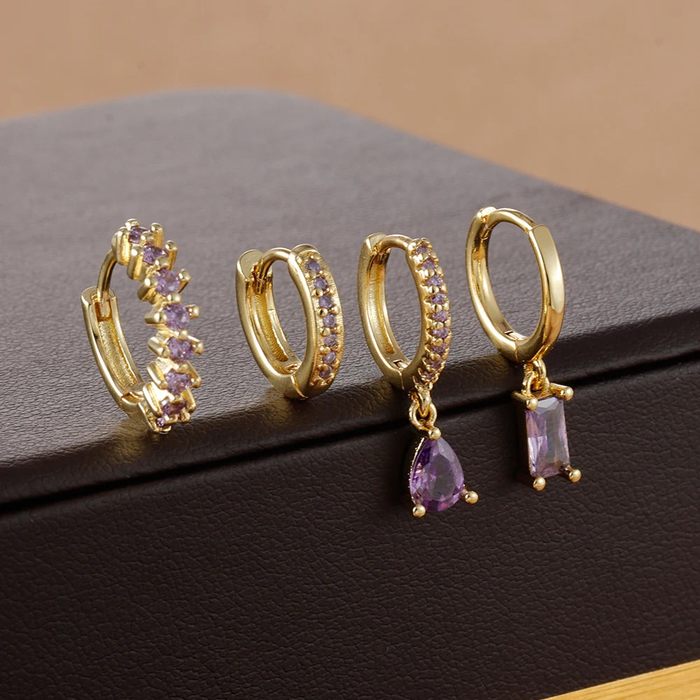 4pcs Korean Stainless Steel Zircon Water Drop Piercing Earrings Set For Women Simple Huggie Square Hoop Earring Fashion Jewelry