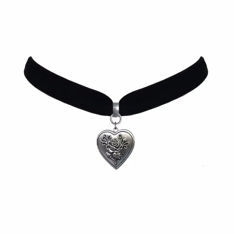 Velvet Heart Locket Choker Charm Necklace Retro Choker SIlver Pendant y2k funky cool cute fairy
