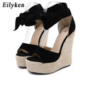 EilyKen Summer Butterfly-Knot Open Toe Women Sandals Fashion Solid Platform High Heel Wedge Shoes Ankle Lace-up Pumps
