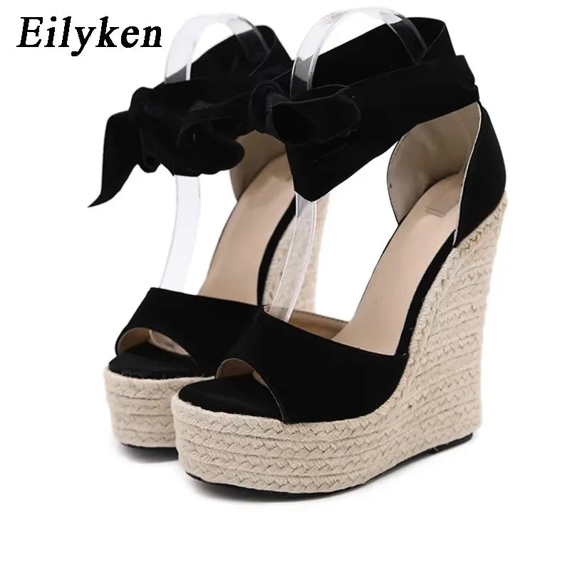 EilyKen Summer Butterfly-Knot Open Toe Women Sandals Fashion Solid Platform High Heel Wedge Shoes Ankle Lace-up Pumps