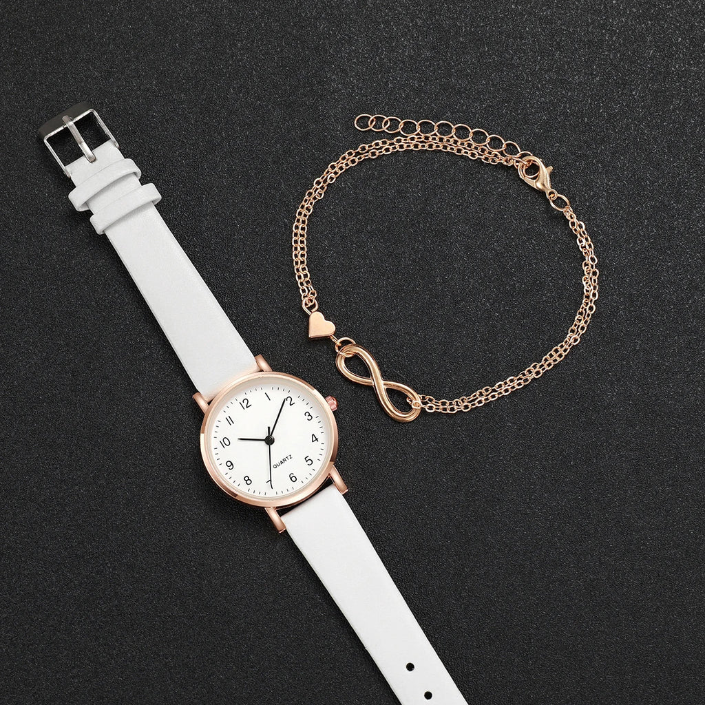 2PCS/Set Women's Watch Fashion Arabic Dial Leather Band Quartz Watches Gold Heart Bracelet Set