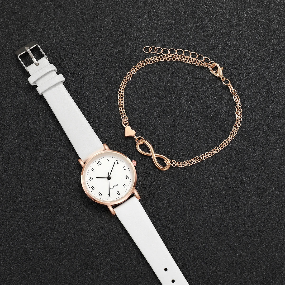 2PCS/Set Women's Watch Fashion Arabic Dial Leather Band Quartz Watches Gold Heart Bracelet Set