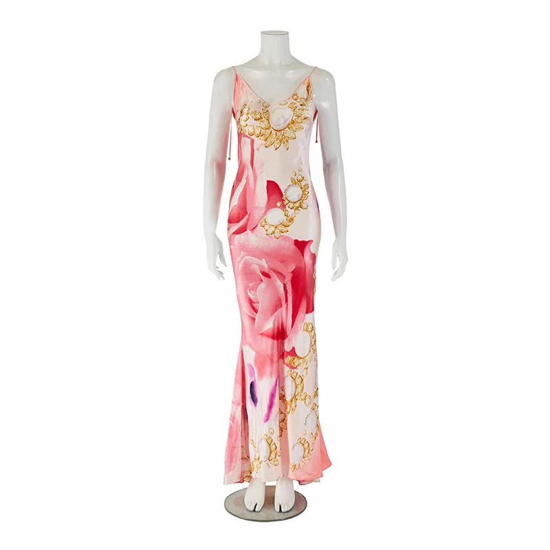 Sexy Sling Women's Maxi Dress V-neck Backless Floral Print Sleeveless Long Skirt 2026 NEW Summer Beach Vacation Party Vestido