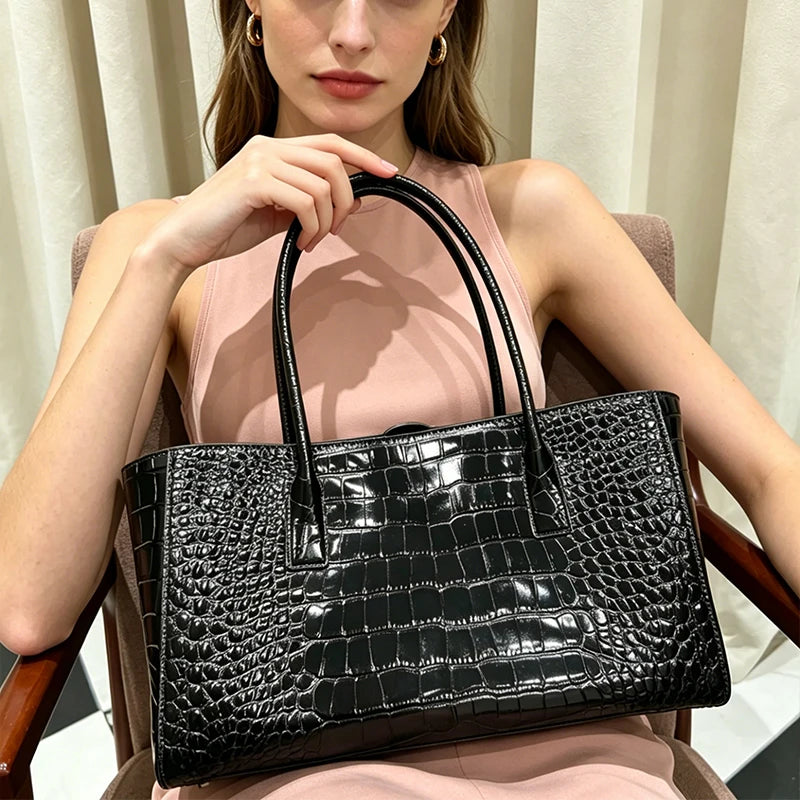 Crocodile Grain Embossed Top Handle Handbag,Luxury Tote Bag,Commute Work Chic Everyday Women Underarm Shoulder Bag,Black,Green