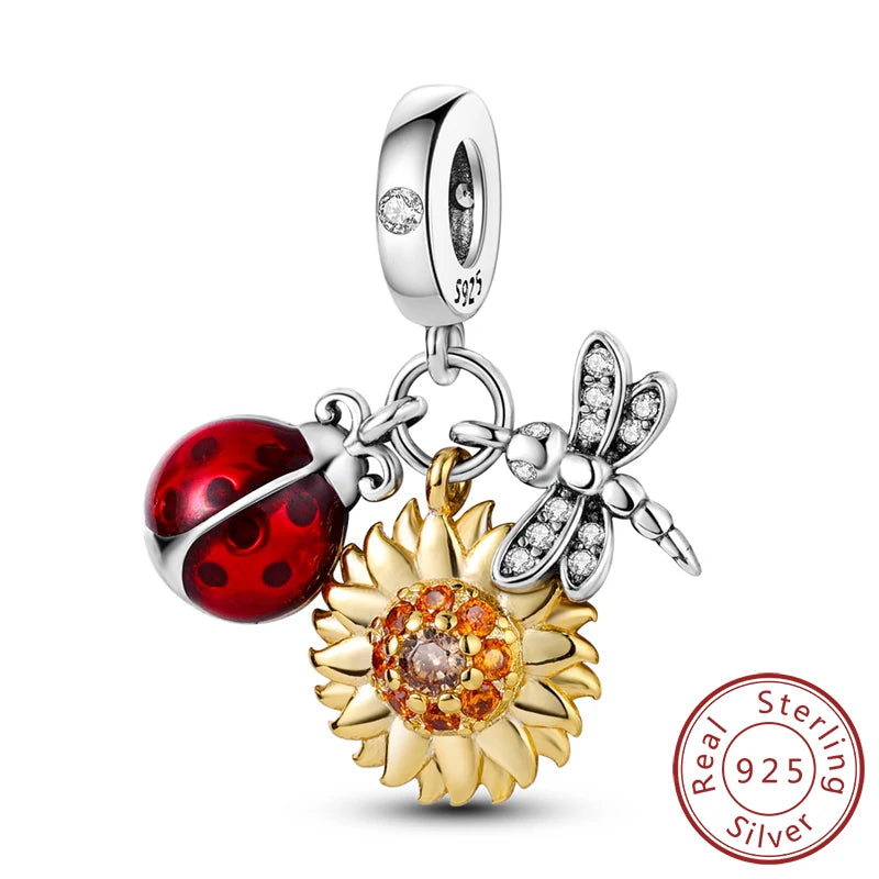 Hot Sale Charm Bead Pendant 925 Sterling Silver Firefly Love Heart Cats Dogs Sunflower Charm for Bracelet Women DIY Jewelry Gift