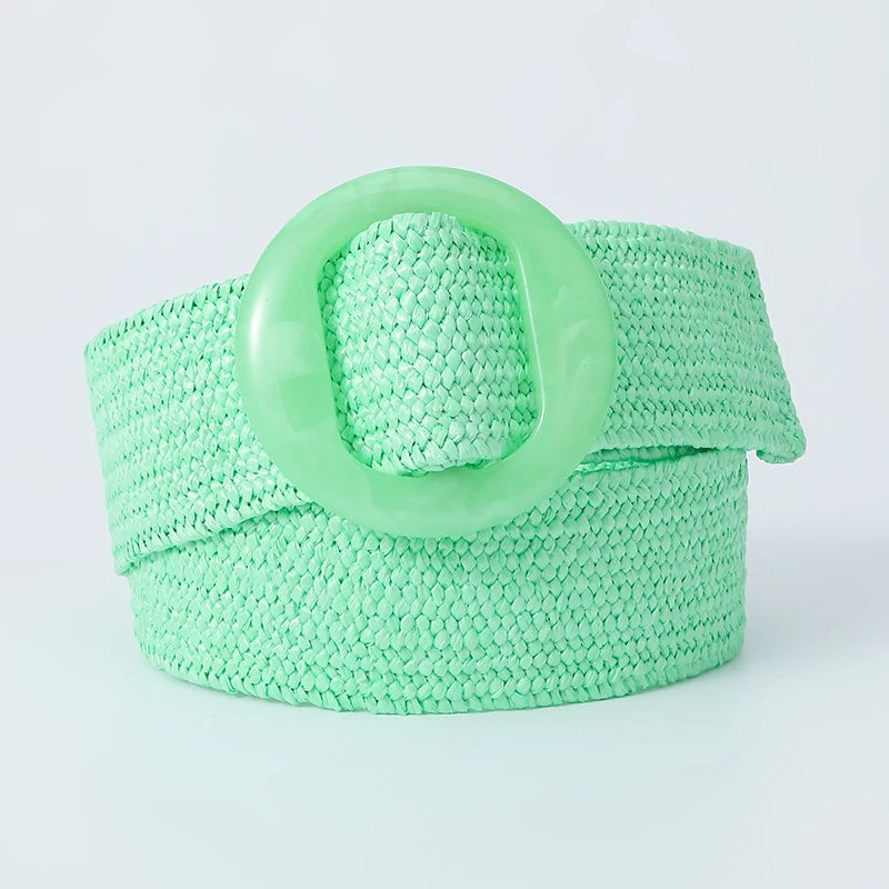 Beltox Women Straw Woven Elastic Wide Belt Solid Color with Matching Plastic Buckle