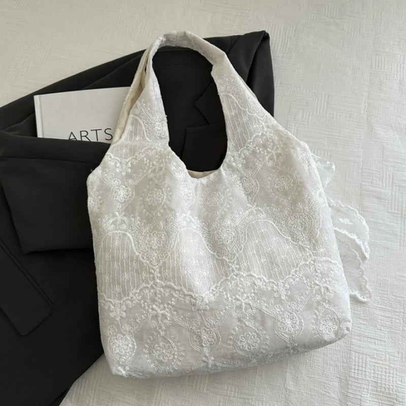 Casual Lace Embroidery Shoulder Bags for Women Simple Versatile Ladies Handbags Large Tote Lightweight Commuter Female Vest Bag