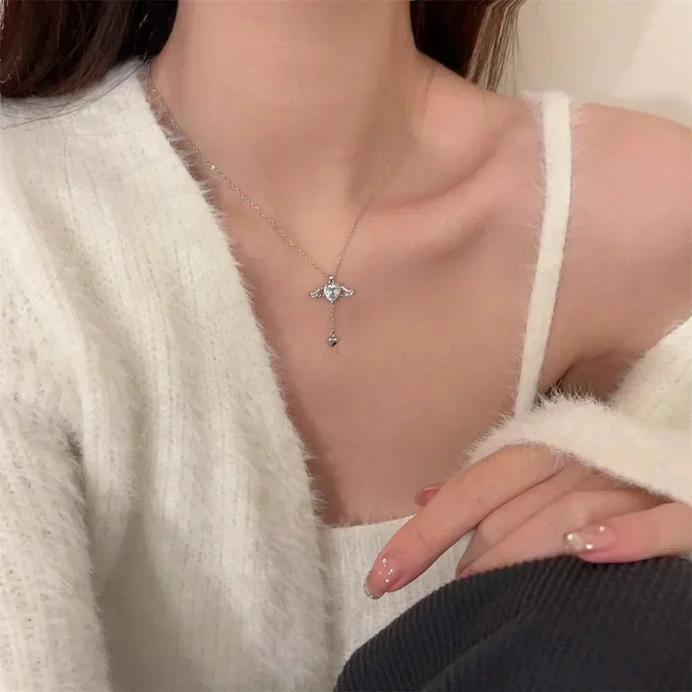 FSUNION 2025 Crystal Angel Wings Heart Pendant Necklaces Simple Pink White Zircon Love Elegant Chokers for Women Fashion Jewelry