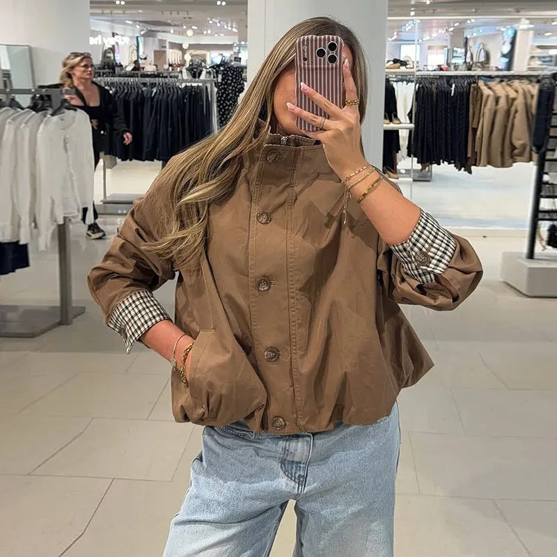 Elegant Plaid Patchwork Women's Jacket Loose Full Sleeve Stand Collar Single Breasted Outwear Female 2026 Fashion Autumn Outwear