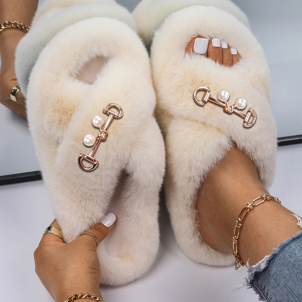 Women Furry Fur Slippers Soft Faux Fur Slides Ladies Plush House Slippers Cross Strap Open Toe Flat Sandals Fluffy Warm Shoes