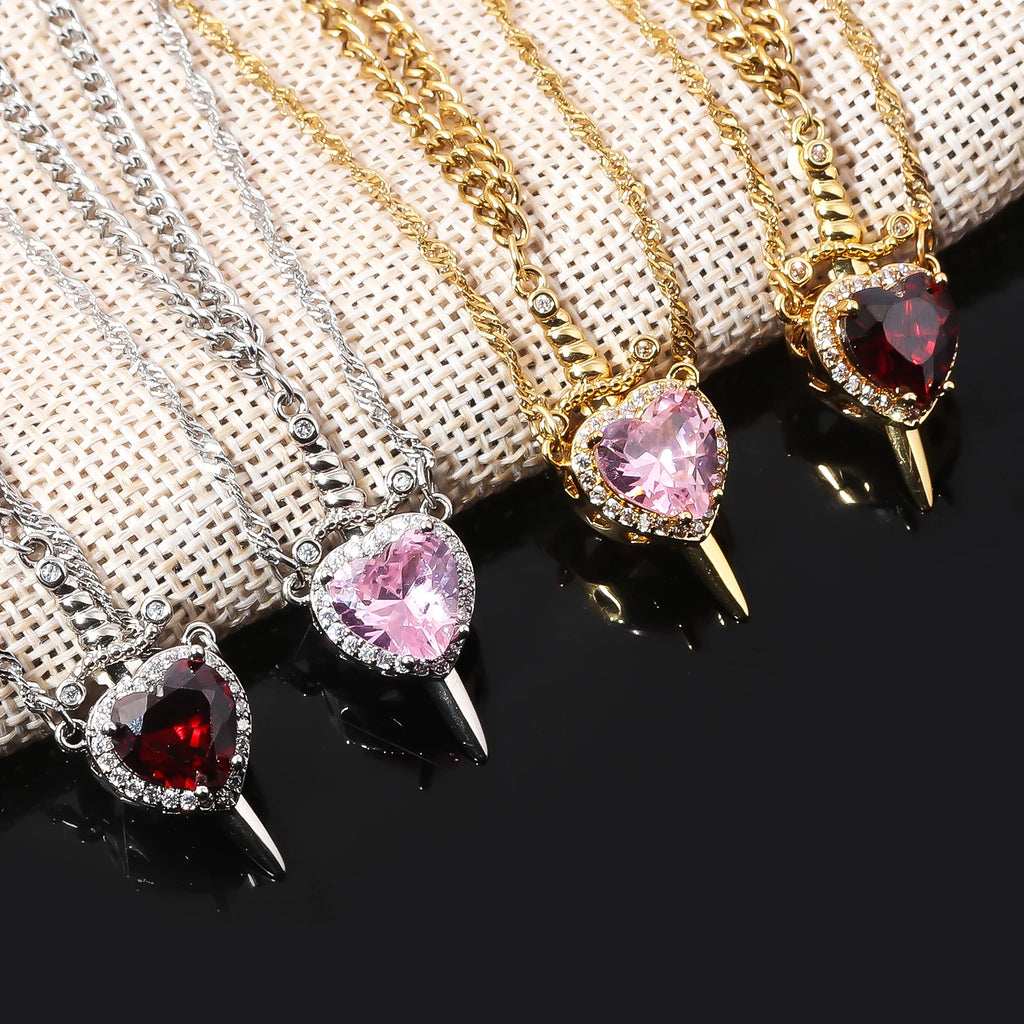 LATS 2pcs Can Be Assembled Heart and Sword Zircon Pendant Necklace for Women Men Couple Silver Gold Plated Choker Chain Jewelry