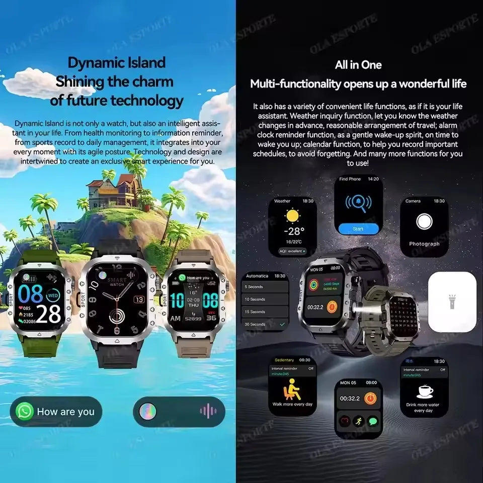 2026 New Military Outdoor Smart Watch Men's GPS Flashlight Bluetooth Call 2.01" AMOLED Screen 3ATM Waterproof Sports Smartwatch