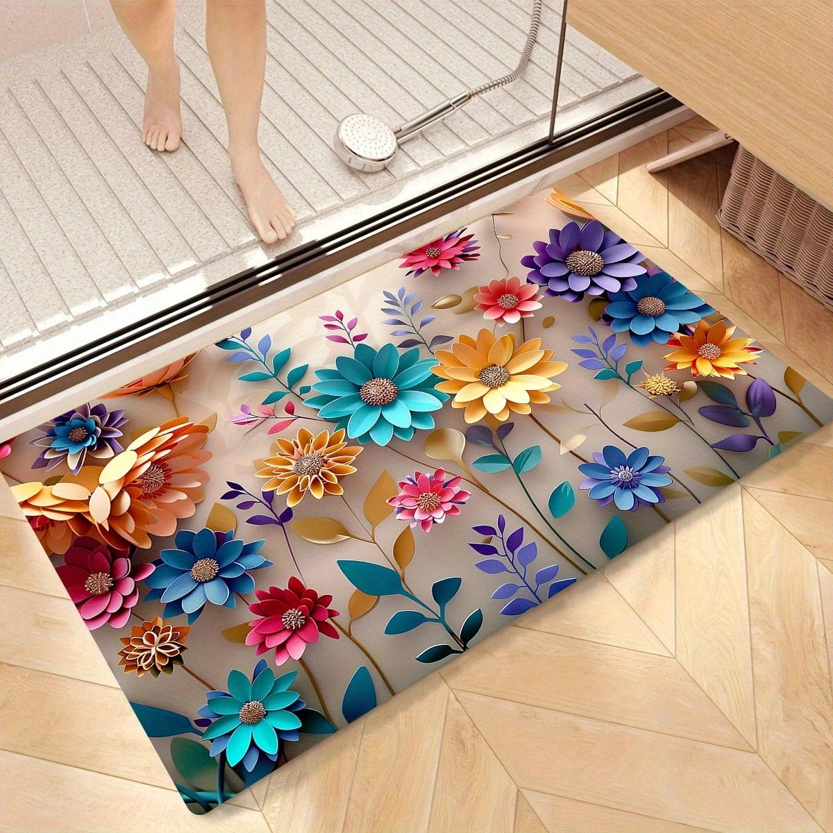 1pc multi-color floral print design bathroom mat, anti-slip, super absorbent and quick-drying shower floor mat, dry and soft ant