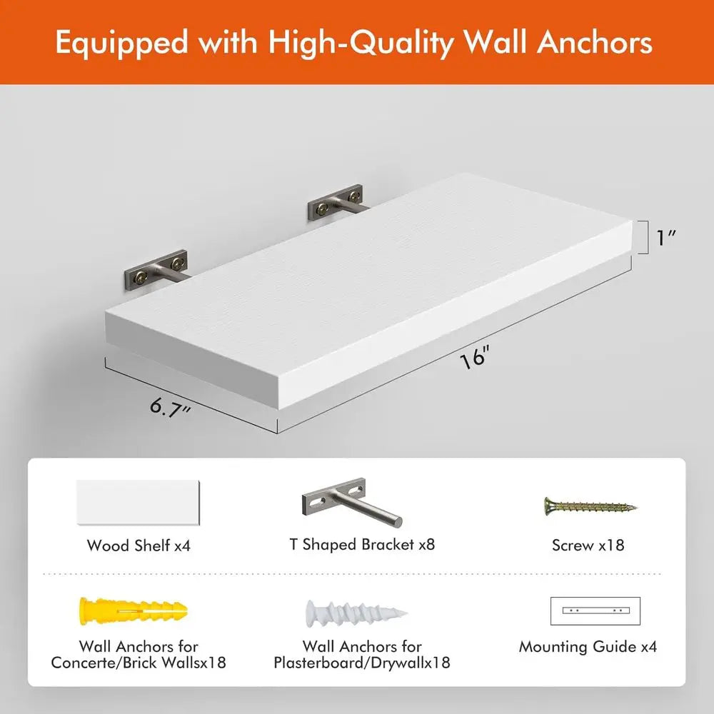 16 White Floating Shelves, Rustic Wood Wall Set of 4, Room Decor/Storage/Display, Small Bookshelf, Wall Mounted Hanging Shelves