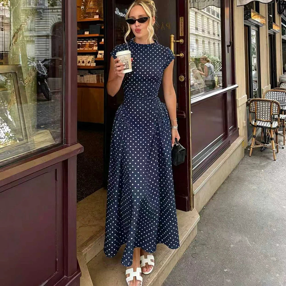 Talenza White Polka Dot Long Dress Summer Sexy High-Waisted Vintage Print Sleeveless Dress Casual Party Vacation New Women Dress