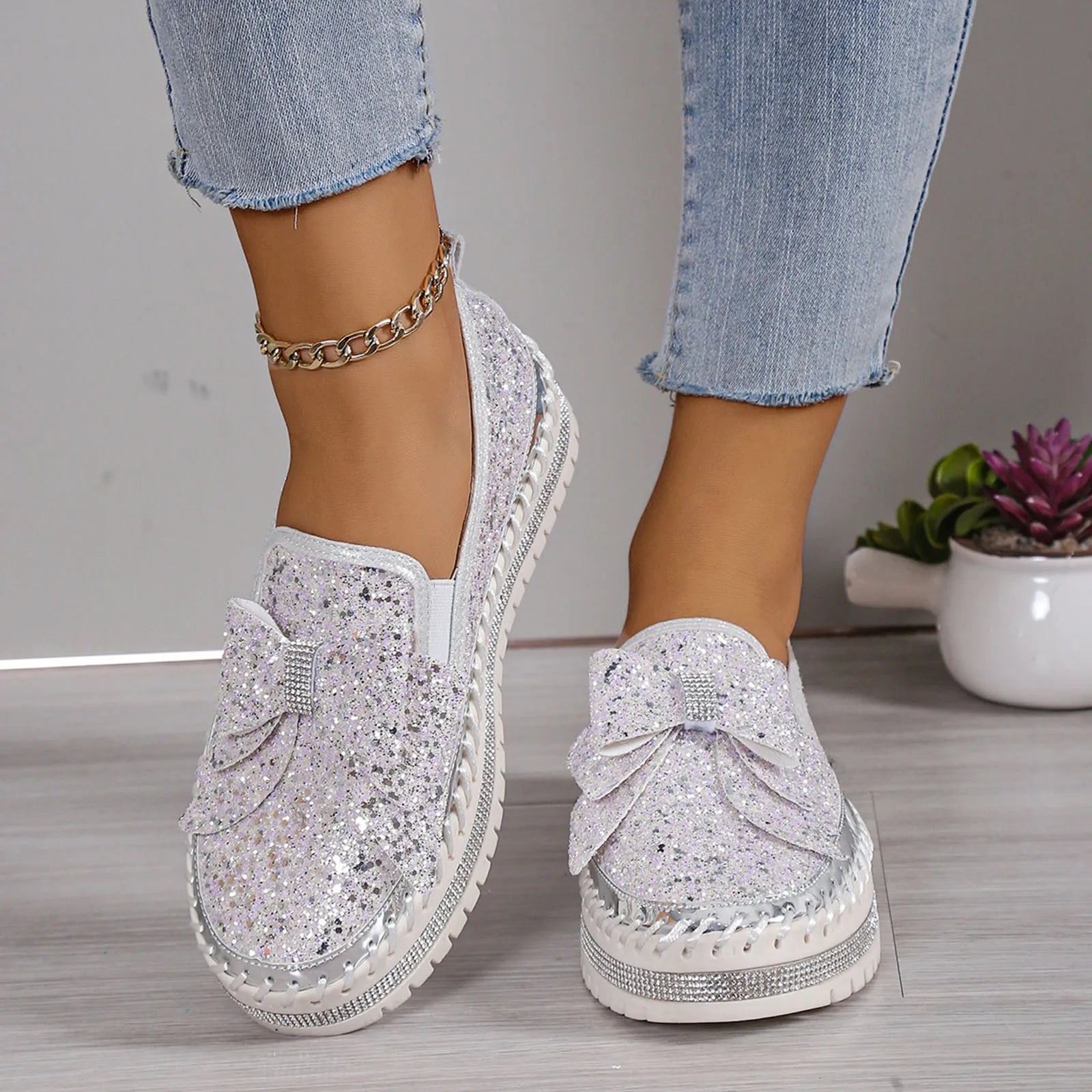 Women'S Sneakers Women'S Fashion Sequin Bow Casual Shoes Slip On Casual Comfortable Shoes лоферы женские