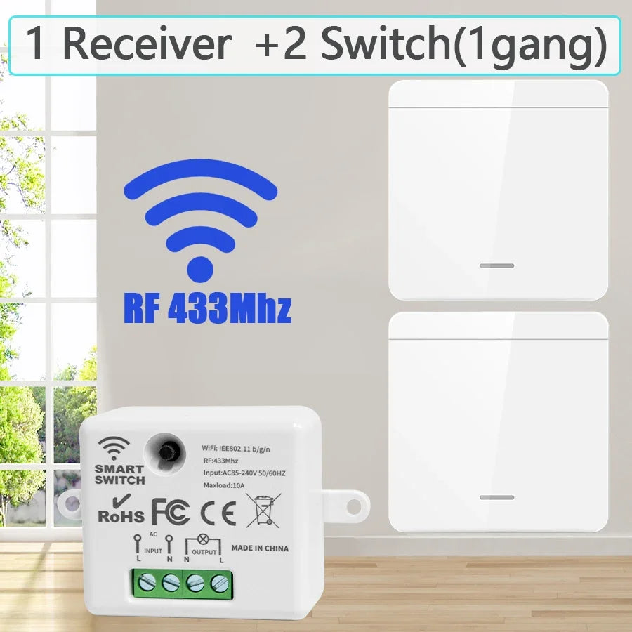 433MHz Wireless Smart Switch 1/2/3 Gang 86 Wall Panel Remote Control Light Switch 10A 110V 220V Home Bedroom Staircase LED Lamp