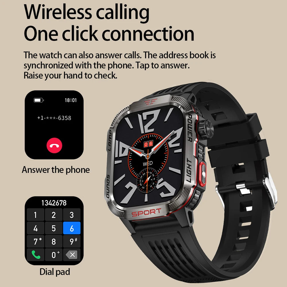 New Military Outdoor Smartwatch Men GPS Compass 600mAh BT Call 2.01" Screen Sports LED Flashlight 5ATM Waterproof Smart Watch