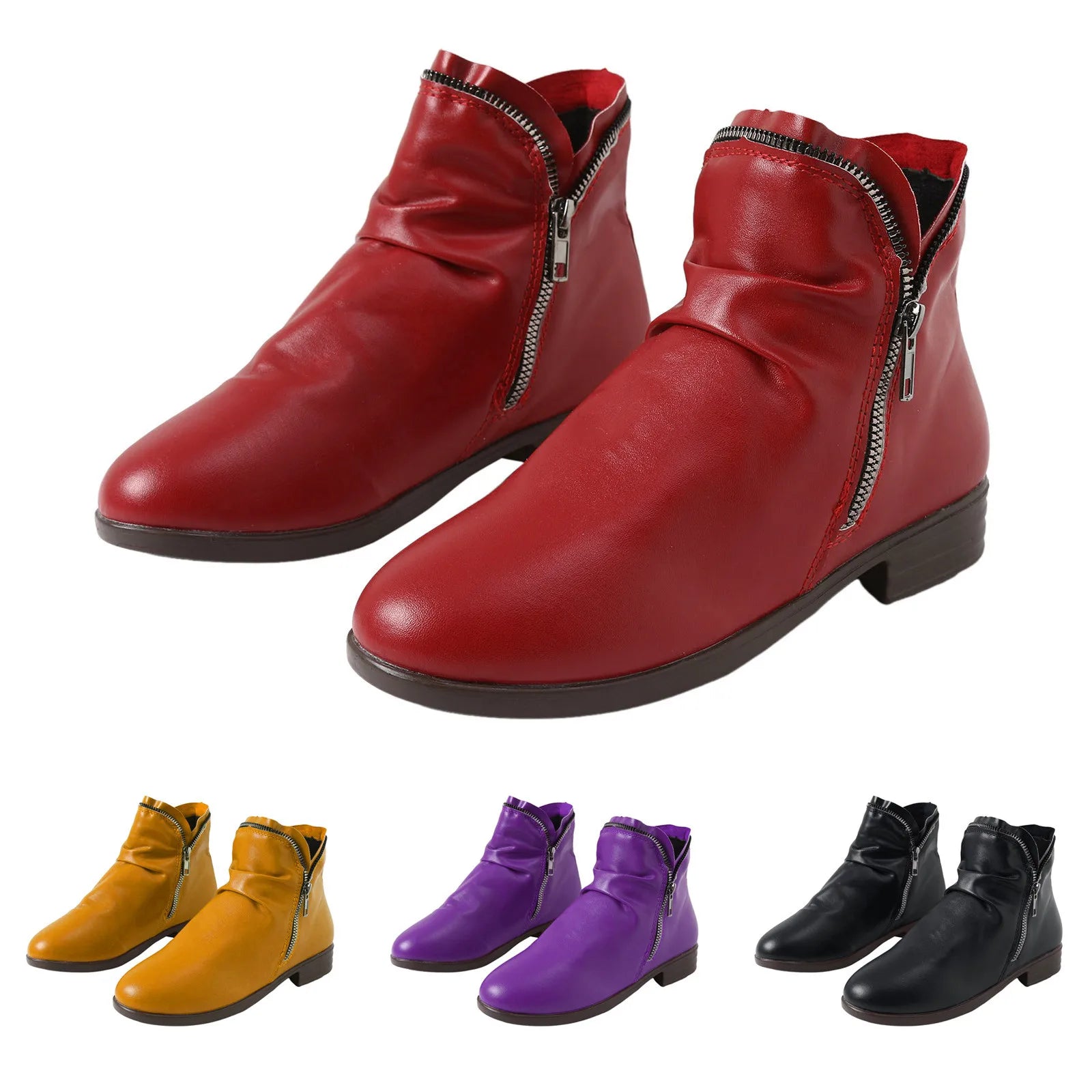 Women Boots Leather Ankle Boots Flat Shoes Autumn Winter Snow Boots Platform Zipper Up Punk Boots Square Heel Ladies Shoes