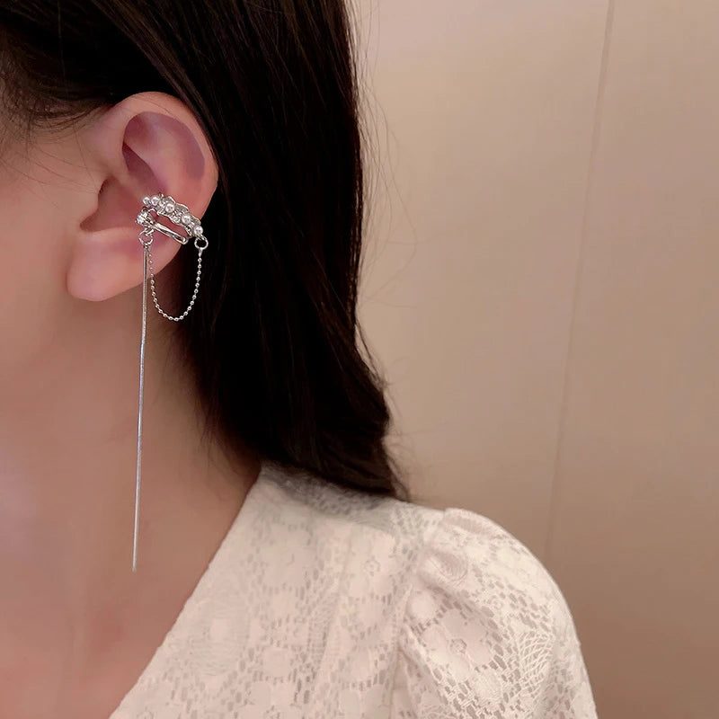 Silver Color Crystal Tassel Non-Piercing Cuff Ear Clip Earring For Women Shiny Rhinestone Chain Fake Cartilage Piercing Jewelry