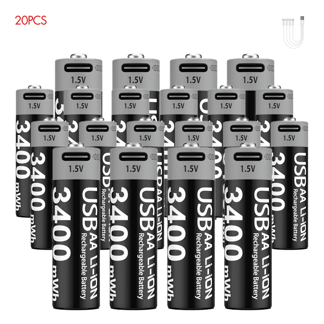 Kuugro High Capacity 1.5V 3400mWh AA Rechargeable Battery USB Type-C AA Li-ion Battery for Remote Control Smart Door Lock Toy