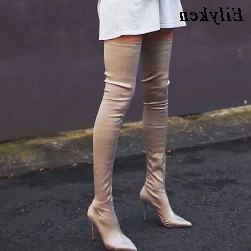 Eilyken Thigh High Over The Knee Elastic Stretch Boots Women  Sexy Thin Heels Sock Long Boots Mujer