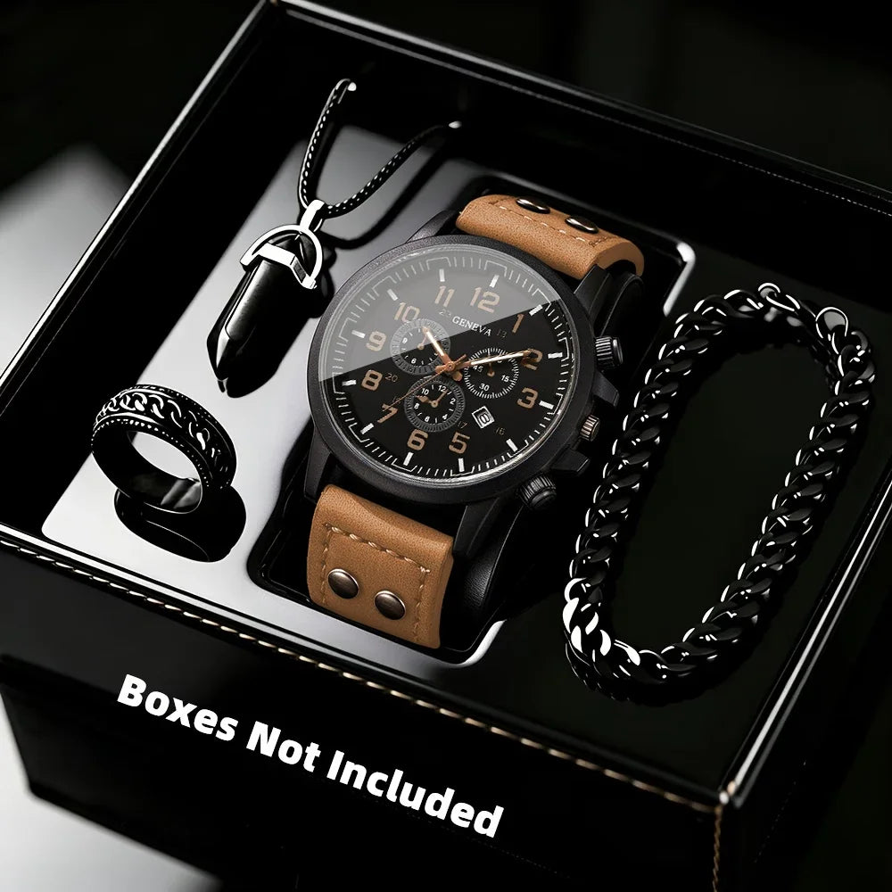4PCS Retro Men Watch Jewelry Set Leather Strap Calendar Quartz Wristwatch Ring Necklace Bracelet Relogio Masculino（Without Box）
