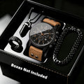 4PCS Retro Men Watch Jewelry Set Leather Strap Calendar Quartz Wristwatch Ring Necklace Bracelet Relogio Masculino（Without Box）