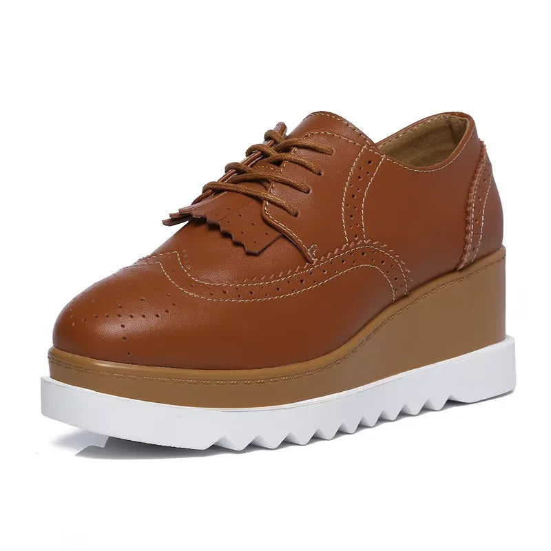 EOFK Spring Autumn Women Derby Platform Flats Brogue Leather Lace up Classic Bullock Footwear Gold Female Oxford Shoes Lady