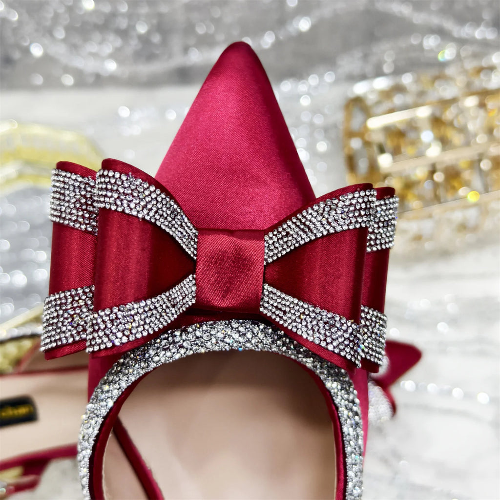 Venus Chan Italy Design 2025 New INS Shoes and Bag to Match Wine Colour Pointed-Toe Rhinestone Bow Party Women's High Heels