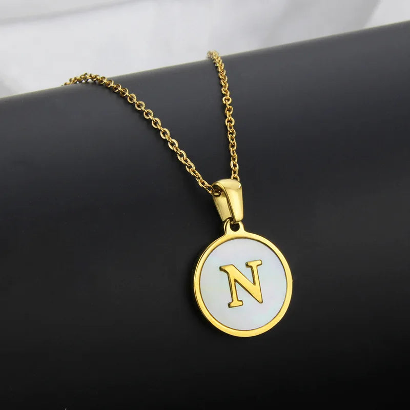 Initial Letter Necklaces for Women Trendy Stainless Steel Circle Couple Pendant Inlaid Shell Jewelry