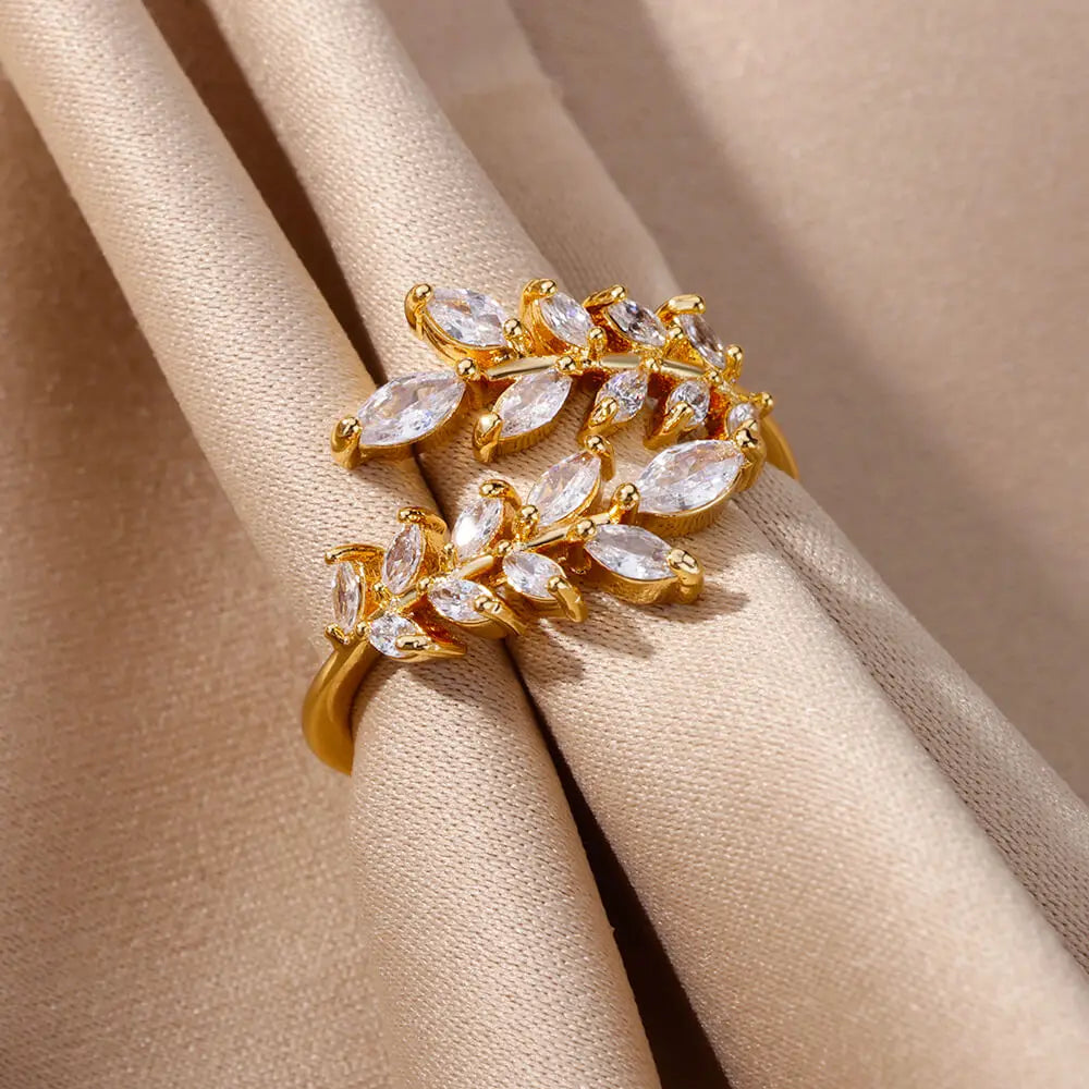Luxury Zircon Double Layer Leaf Rings For Women Gold Color Stainless Steel Ring Boho Couple Jewelry Accesorios anillos mujer
