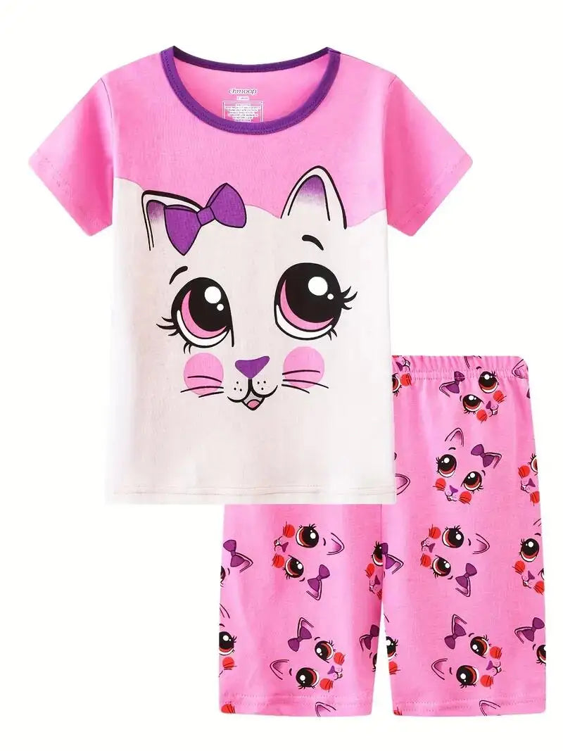 2pcs Toddler Girls Cotton Pajamas Outfit Cartoon Unicorn Graphic Crew Neck T-Shirt Top & Elastic Waist Shorts Sleepwear