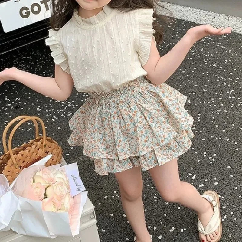 2PCS Girls' Suit Summer 2025 New Children's Summer Dress Baby Girl Fashionable Children's Top+Skirt Two-Piece Set