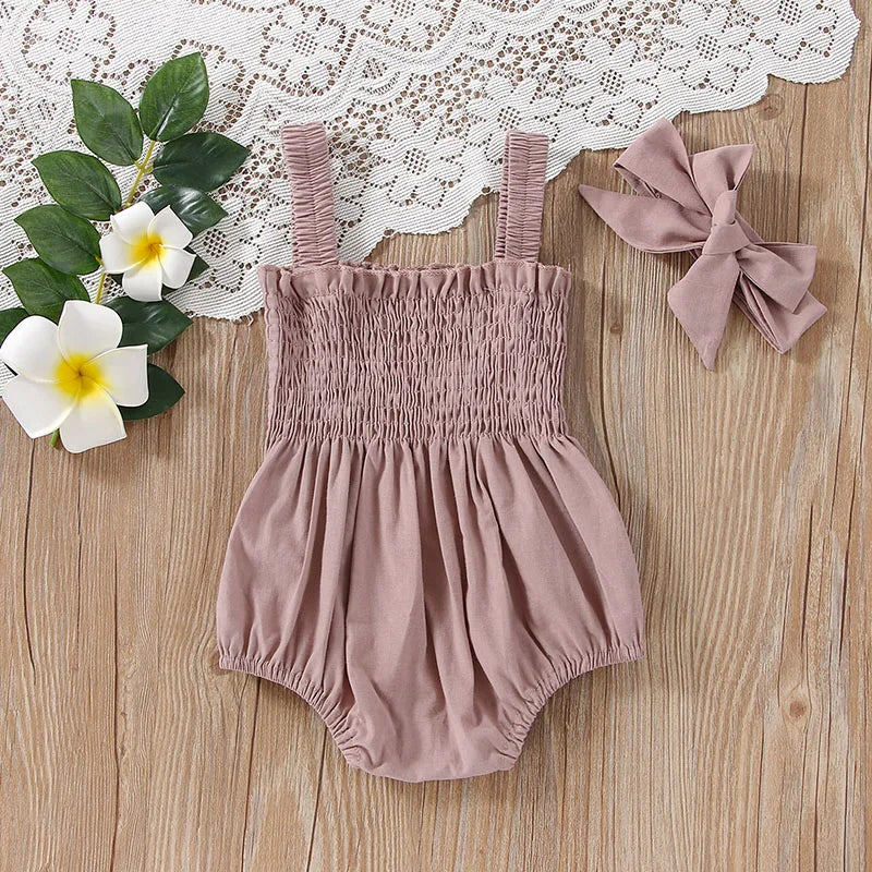 Baby's Clothes Summer Jumpsuit Outfit Solid Color Ruched Toddler Girl Casual Sleeveless Suspender Kids Rompers Headband Set