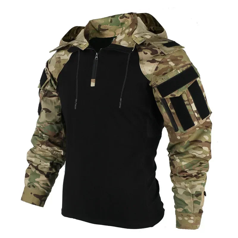 Tactical Combat Shirts 1/4 Zipper Long Sleeve Tactical Shirts Men Clothing Rip Stop Cotton Camo T Shirt Tops Wear-resisting