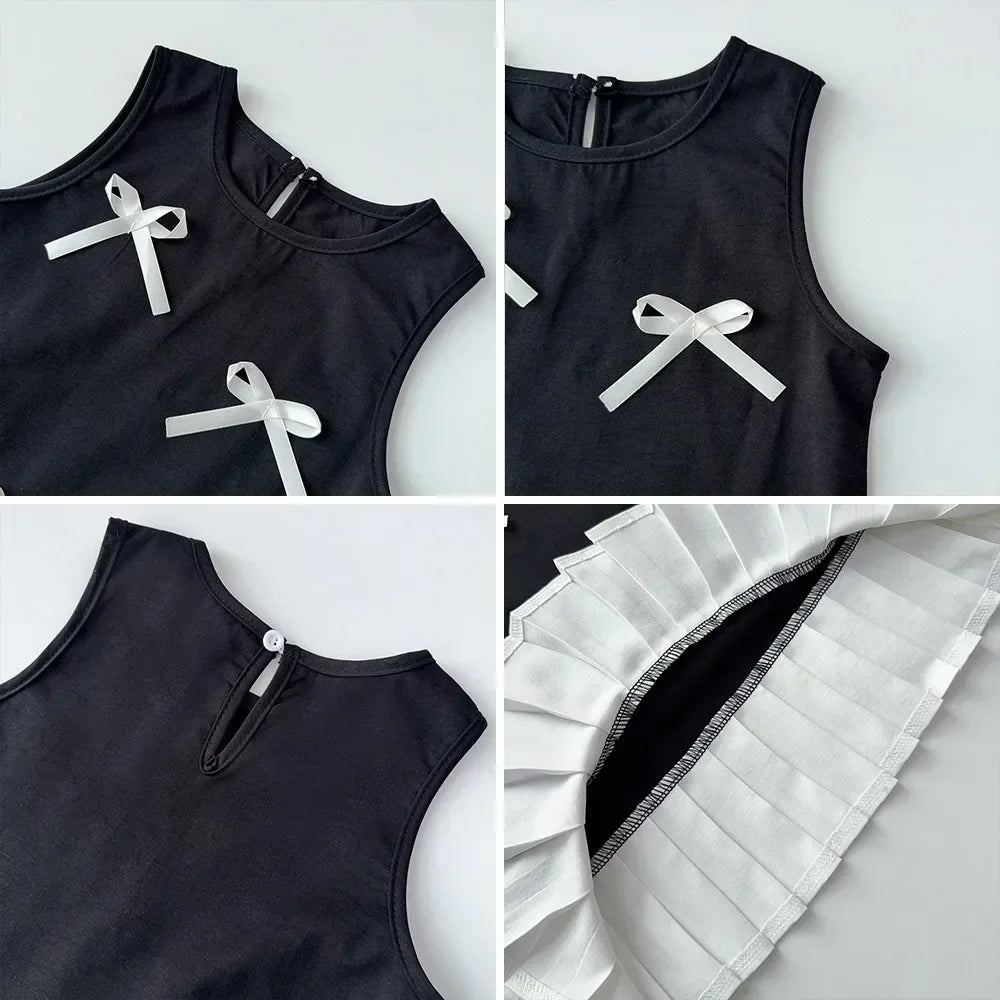 Black Bow Decoration Princess Dresses Korean Version Summer New Sleeveless Girls Dress Sweet and Simple Children's Clothing