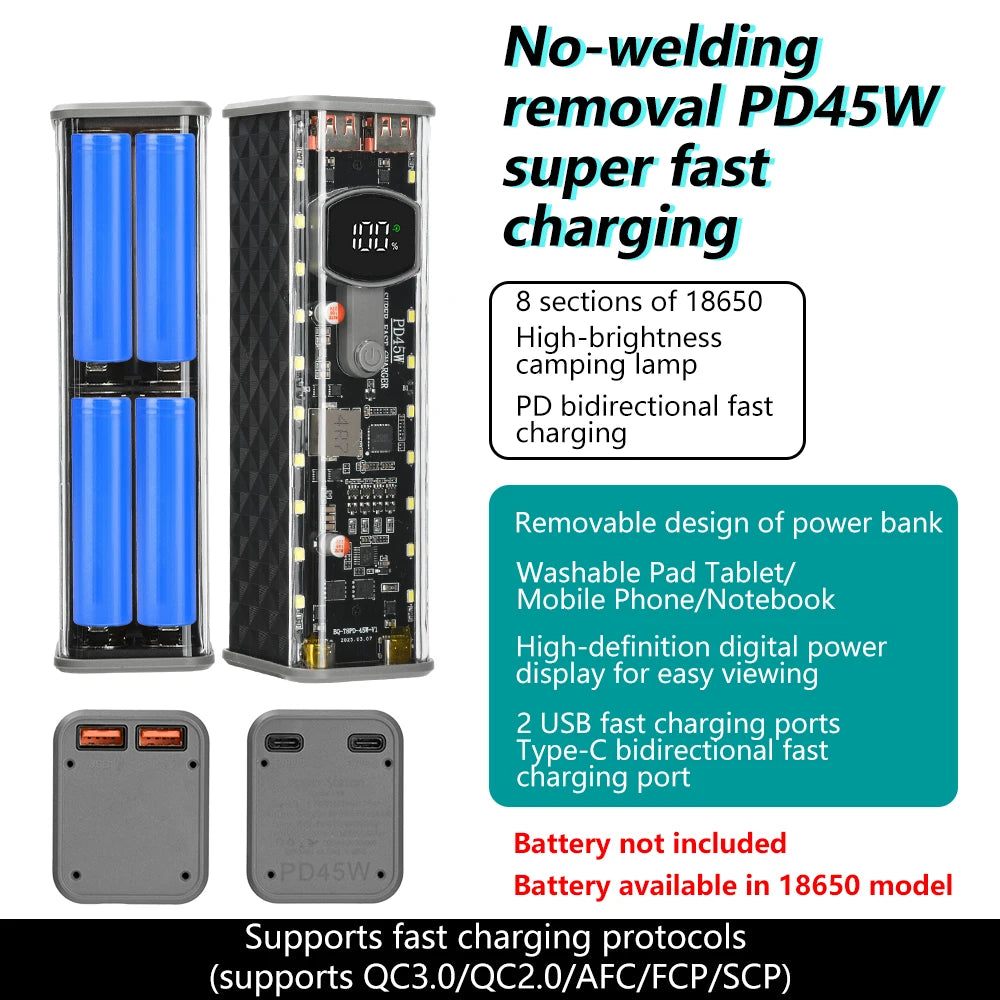 22.5W/45W 18650 Power Bank Case Fast Charging DIY Transparent Battery Storage Box Digital Display USB Type-C Battery Holder