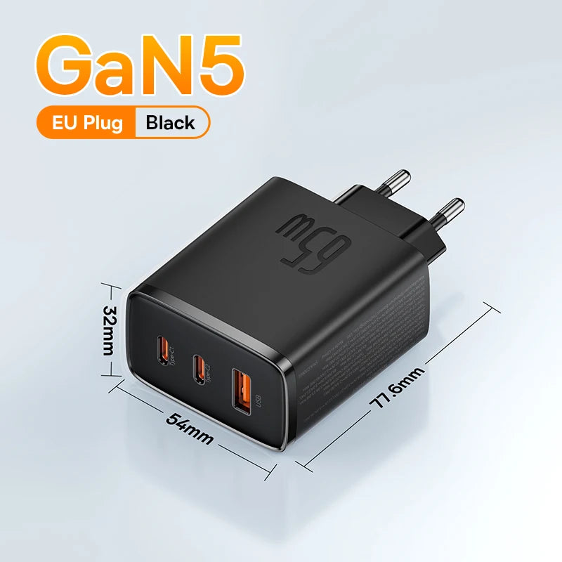 Baseus 65W GaN Charger PD Charge Type C USB Charger Support QC Portable Fast Charger For iPhone 17 16 15 14 13 12 Laptop Charger