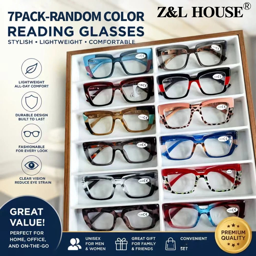 Random Color 7 Pack Reading Glasses Flexible Frame Comfort Eyeglasses Classic Readers for Women Men Everyday Life