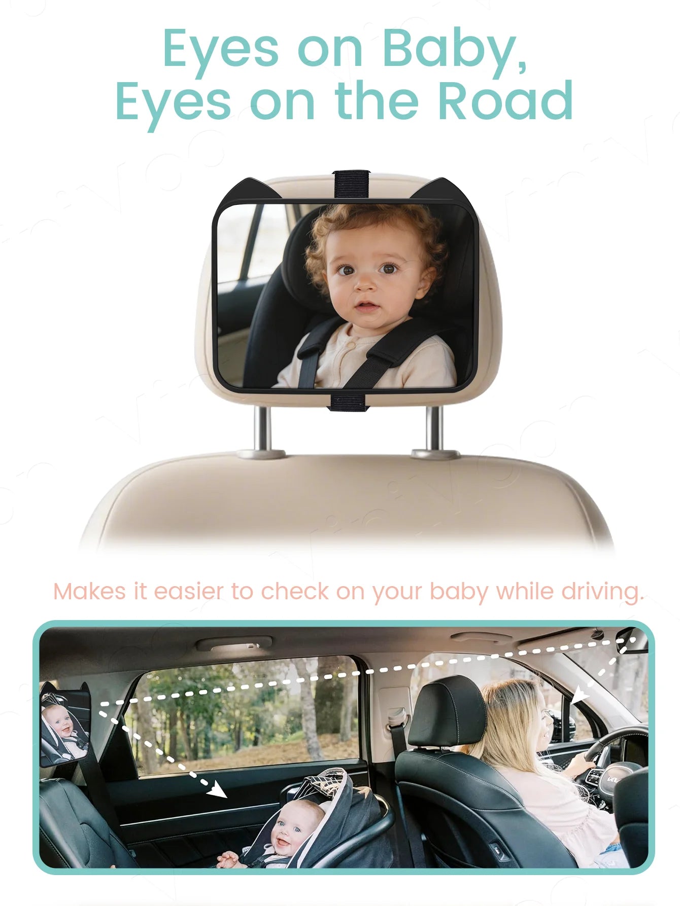 Adjustable Wide-Angle Car Seat Mirror, Headrest Mount Safety Monitor for Rear-Facing Baby & Child