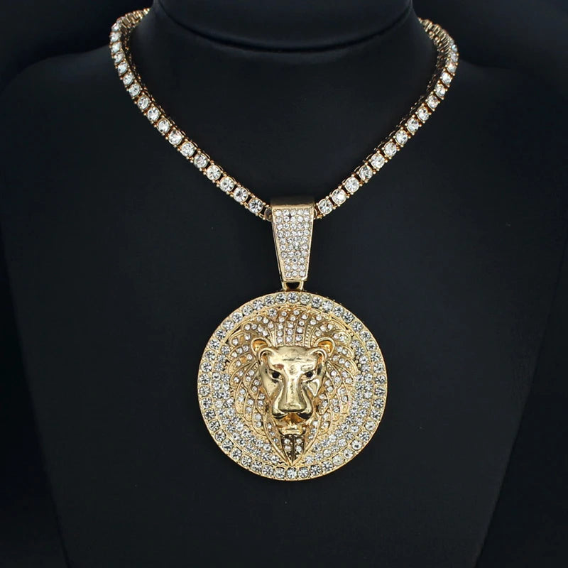 Hip Hop Big Lion Head Pendant Necklace Cuban Chain Necklace For Women Men Iced Out Full Rhinestone Necklace Jewelry Gifts
