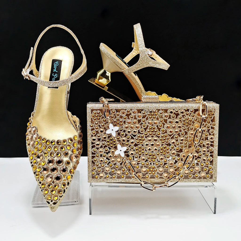 Happy Time Exquisite ! African Women's Shoes And Star Bag Rhinestone Embellished Pointed Toe Cutout Heels Square Clutch Bag