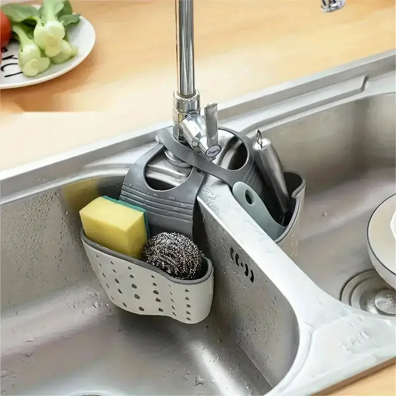 Adjustable Faucet Sink Drain Basket Rubber Sponge Soap Holder Kitchen Storage Rack Kitchen Sink Accessories