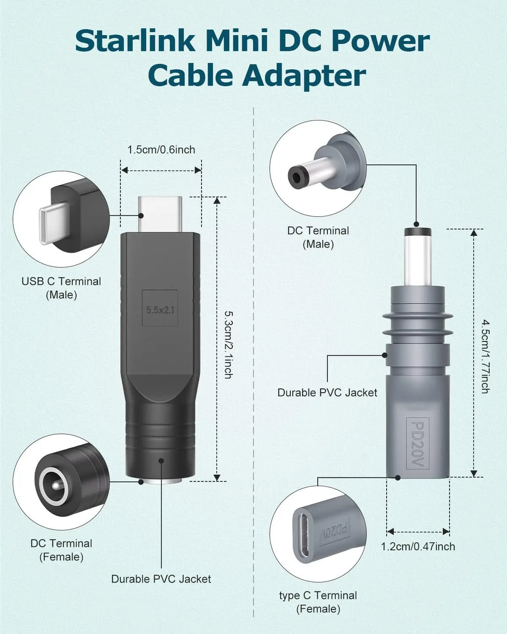 2PCS For Starlink Mini Female DC to USB C Male Power Cable Adapter Converter for Starlink Mini Power Cord for Outdoor Camping