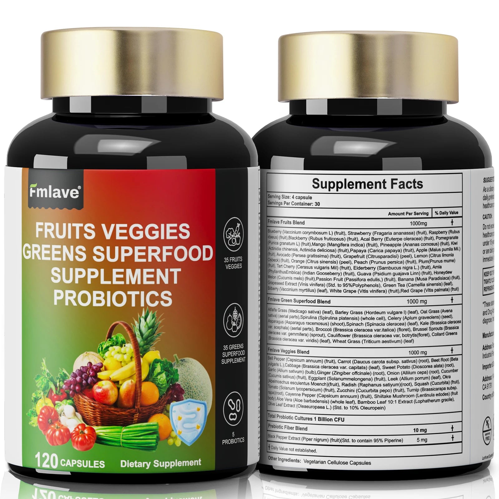 Fmlave Fruits and Veggies Supplement Reds & Green Superfood - Balance of Over 70 Fruit & Vegetable Supplements Capsules with Probiotics Prebiotics Digestive --120Caplules