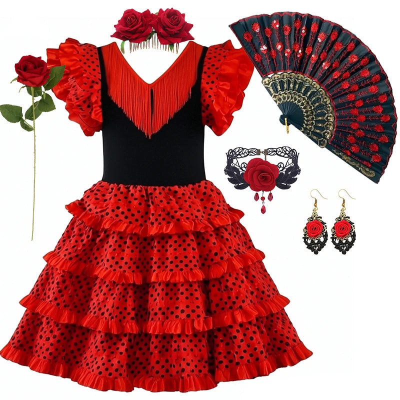 Girls Spanish Flamenco Dress Red Polka Dot Cake Puff Kids Carnival Halloween Party Stage Show Cosplay Festival Dance Costume