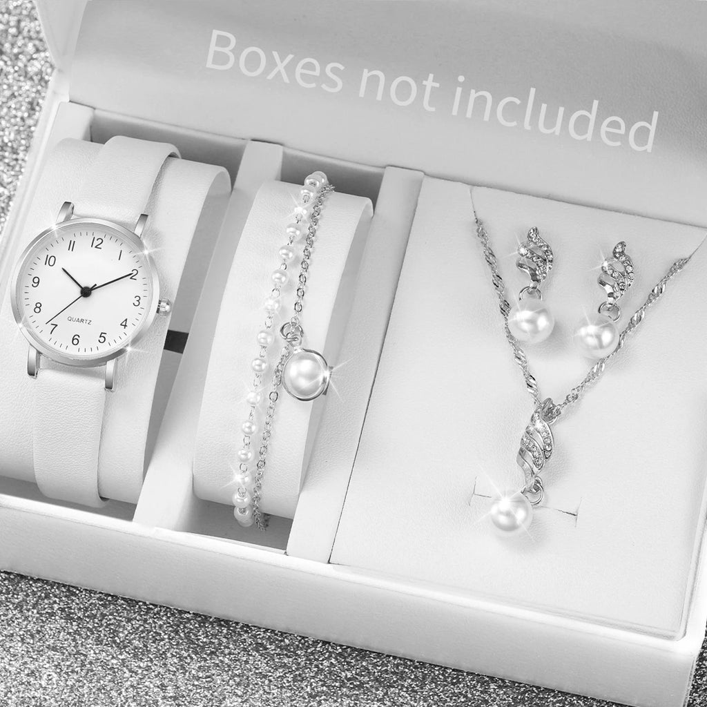 5/6PCS Fashion Women's Quartz Watch Leather Band Analog Quartz Watches with Diamond Jewelry (Without Box)
