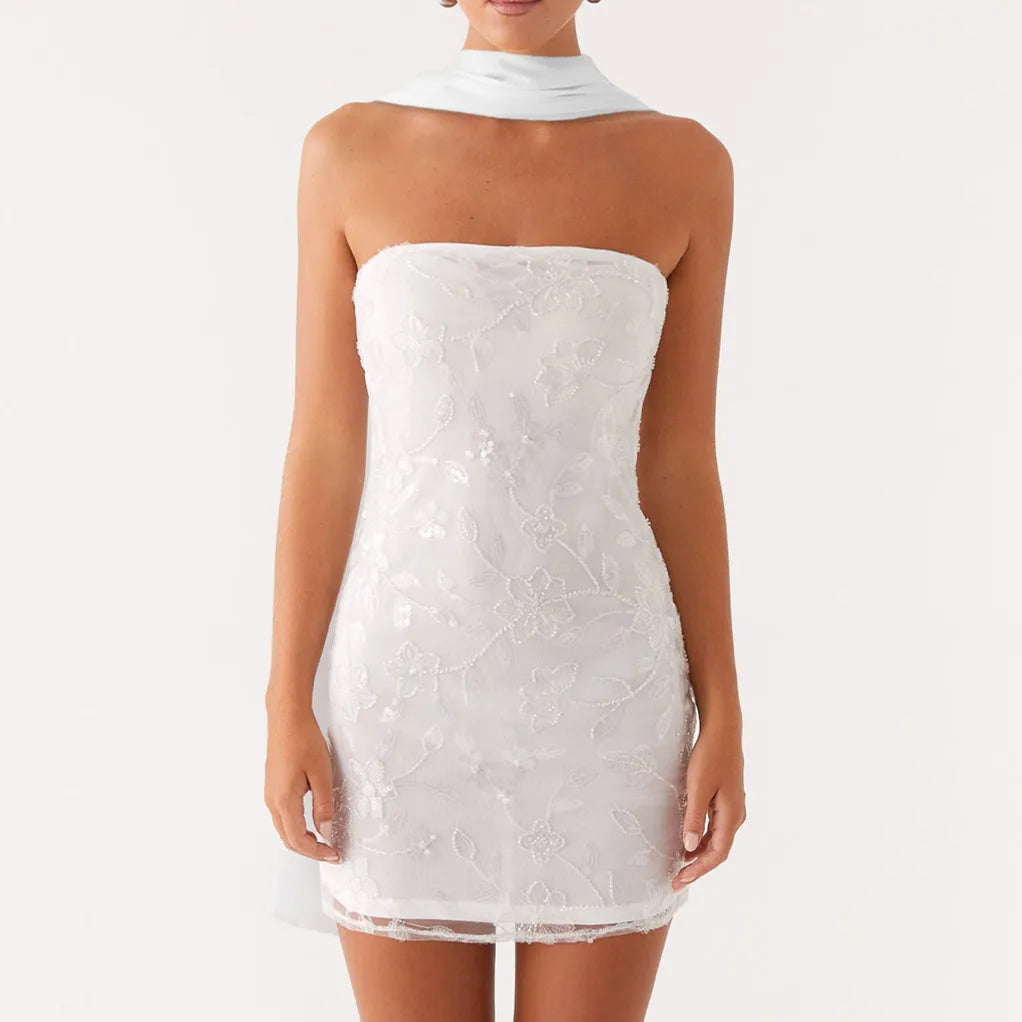 hirigin Fashion Women Summer Sequin Mini Bandeau Dress Sleeveless Off Shoulder Flower Embroidery Tube Top Dress with Scarf