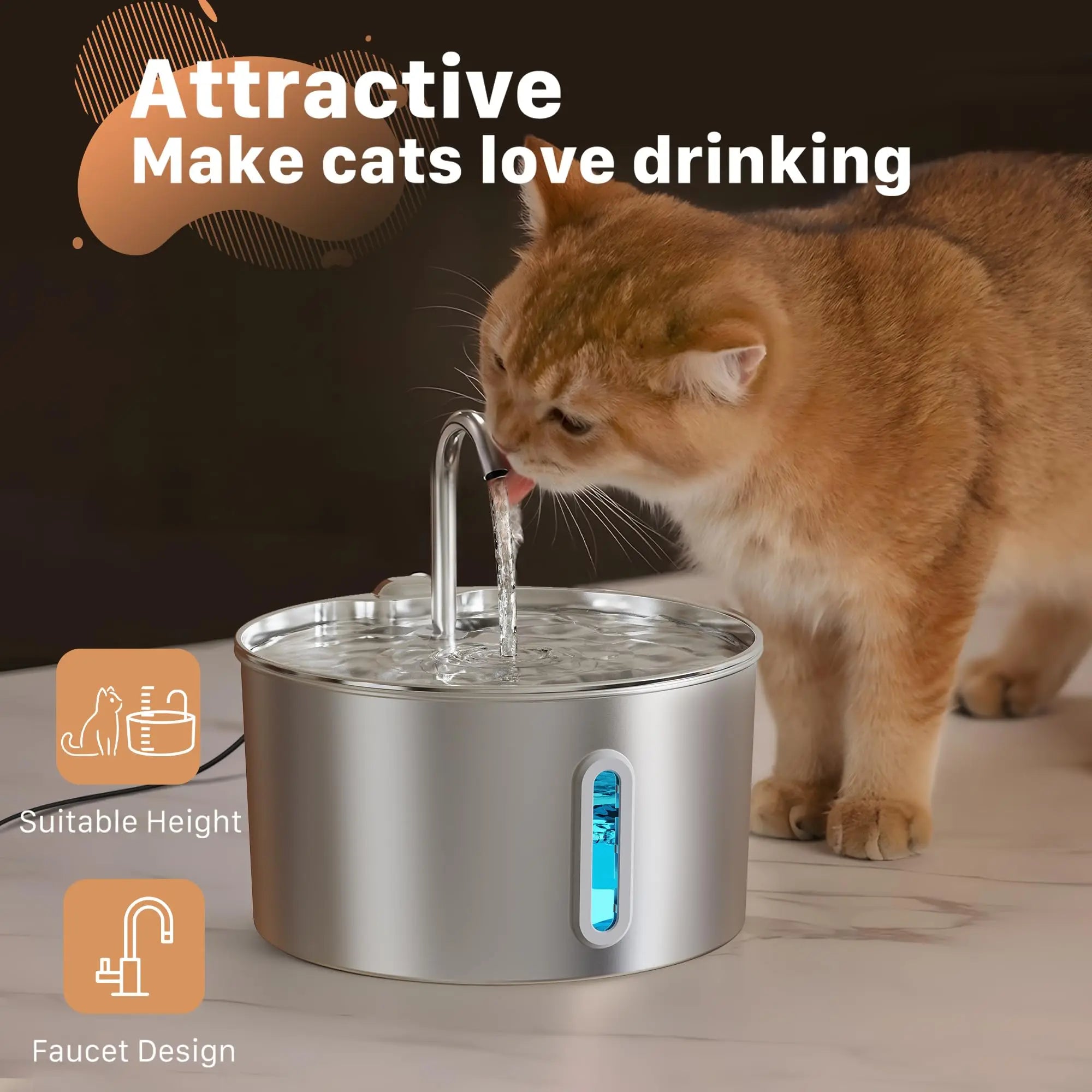 2.2L Cat Drinking Fountain Automatic Stainless Steel Pet Dogs Water Dispenser Ultra-quiet Pump Water Foutain For Multiple Pets
